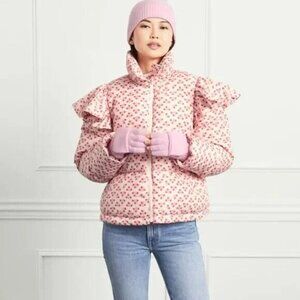 Hill House Womens The Violet Ruffle Sleeve Puffer Jacket Pink‎ Spaced Floral XL